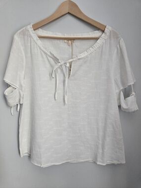 New MYSTREE Off-White Peasant Tie-Neck Lightweight Cotton Top